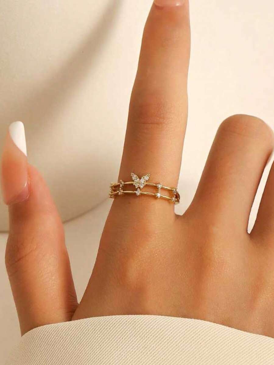 1 chiếc nhẫn hở hình bướm bằng đồng Cubic Zirconia thiết kế hai lớp dành cho nữ, thích hợp cho đám cưới, tiệc tối, lễ hội âm nhạc, ngày lễ - Vàng - Xem 1