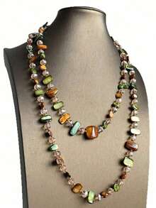 1pc Vintage Necklace, Bohemian Style Colorful Shell Beaded Double Layer Necklace, Retro Luxurious Holiday Long Necklace, Stackable, Assorted Gemstone And Pearl Colors And Shapes - Multicolor - View 4