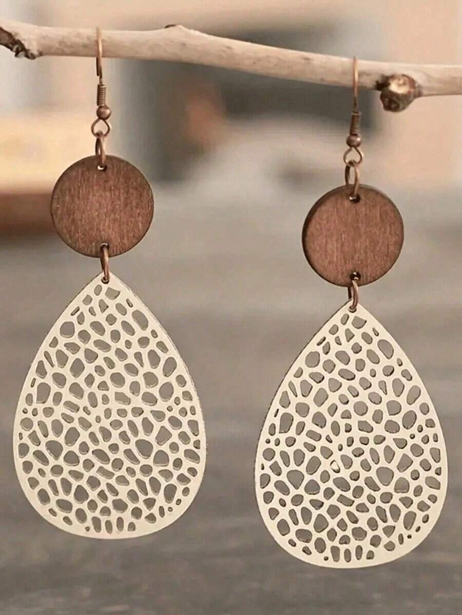 1 Pair Retro Hollow Spiderweb Pattern Wooden Dangle Earrings - 彩色 - 查看 1