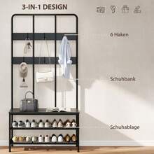 HOMCOM 3-In-1 Wardrobe, Clothes Rack, Bench, Shoe Rack, Metal, Support Plate, Black - 1 - View 5