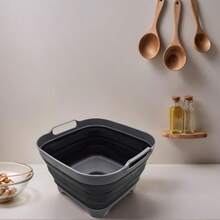 TFKI 10L 2.64 Gallon Collapsible Dishpan With Draining Plug - Foldable Washing Basin - Portable Dish Washing Tub - Space Saving Kitchen Storage Tray (1 Grey/Black) - 灰黑 - 查看 2