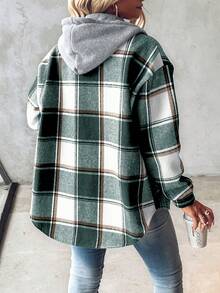 Plaid Print Buttoned Hooded Shacket