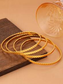 4pcs 18K Gold Plated Copper Striped Bangle Bracelets, Fashionable & Unique, Suitable For Women's Party, Gift, And Daily Wear - Yellow Gold - View 4