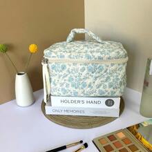 ZxsaMakeup Bag Large Travel Quilted Etic Makeup Bag Organizer Floral Cotton Coquette Aestetic Tetry Bag  Women Girls Blue Floral-LMakeup Bags - 藍花 - 查看 5