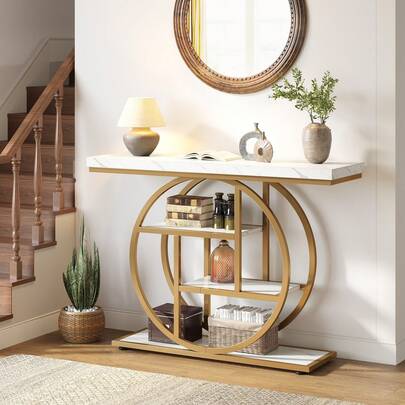 LITTLE TREE 4 Tier 105cm Industrial Console Table, Circle Base Narrow Sofa Table For Entryway, Living Room, Hallway & Foyer | Rustic Brown Storage Accent Table