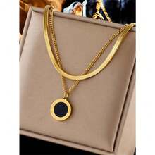 2pcs/Set Stainless Steel Minimalist Black Roman Coin Pendant Blade Chain Necklaces, Can Be Worn Separately Or Together - 可拆式項鍊 - 查看 1