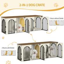 63" Dog Crate Furniture For 2 Dogs, Heavy Duty Indoor Dog Kennel TV Stand, XL Wooden Dog Cage With Divider For Medium Large Dogs, End Table Dog Crate With Cushion, White Brown - 白色/棕色 - 查看 7