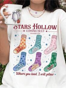 Stars Hollow Christmas T-Shirt, Where You Lead I Will Follow Shirt, Holiday Festival Tee, Christmas TV Show Fans,220g High-Quality Pure Cotton T-Shirt With Minimalist Printing, Soft And Breathable Fabric, Comfortable And Loose, Suitable For All Day Wear, Suitable For Office Casual Wear, Spring And Summer Daily Appearance, Elegant And Youthful Design Ropa De Hombre - 白色 - 查看 1