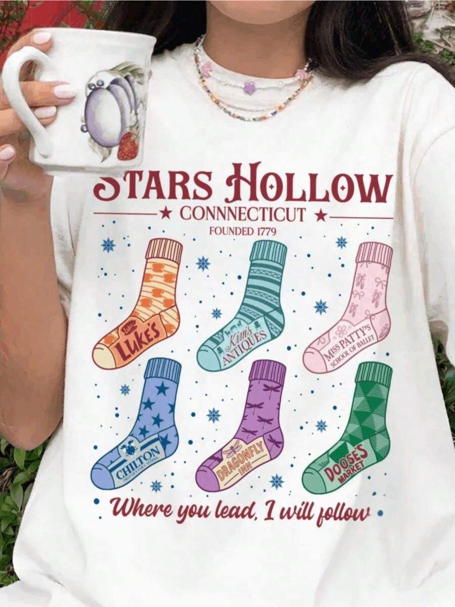 Stars Hollow Christmas T-Shirt, Where You Lead I Will Follow Shirt, Holiday Festival Tee, Christmas TV Show Fans,220g High-Quality Pure Cotton T-Shirt With Minimalist Printing, Soft And Breathable Fabric, Comfortable And Loose, Suitable For All Day Wear, Suitable For Office Casual Wear, Spring And Summer Daily Appearance, Elegant And Youthful Design Ropa De Hombre - 白色 - 查看 1