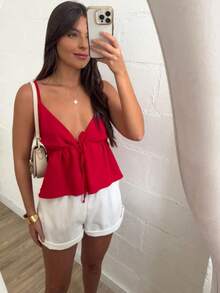 Women's Cropped Tank Top With Front Opening, Adjustable Tie, And Adjustable Straps - Spring 2025 Summer - Rojo - Ver 3