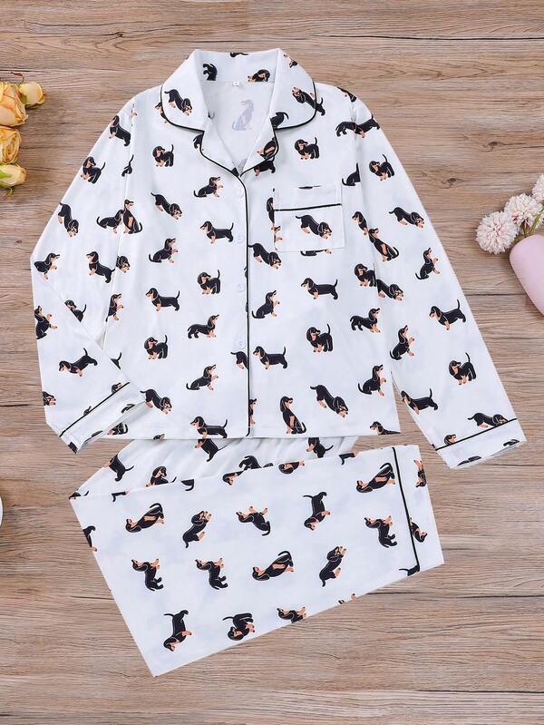 2pcs Set Animal Sausage Dog Print Women Summer Sleepwear Pajama Party Outfit, Autumn/Winter Long Sleeve Lapel Cardigan Top And Elastic Waist Loose Pants, Casual All Season Women Pajamas And Loungewear Set