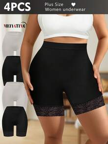 MEIYATING 4pcs Plus Size High Waist Shaping Briefs, Seamless Lace Trim Shorts, Anti-Chafing Safety Pants For Women