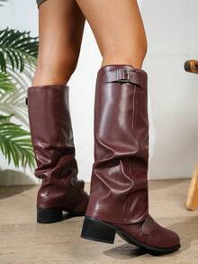 Fall/Winter Women's Fashion Leather Low Heel Pleated Tall Boots, Casual & Versatile - Burgundy - View 4