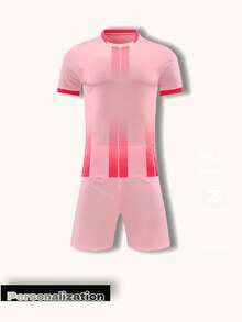 2pcs/Set Customized Women's Soccer Uniform - Personalized With Name, Number And Team Logo (Front/Back) - Pink & Red Ombre Design Short Sleeve Jersey And Shorts Set - Quick Dry Breathable Sportswear - Suitable For Soccer, Volleyball, Basketball And Casual Sports Summer - Pink - View 2