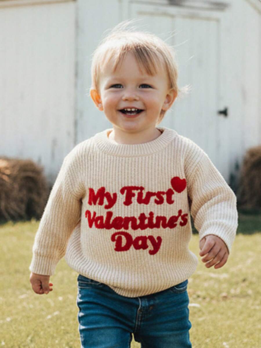 Conjunto para mi primer día de San Valentín para bebé niño niña, suéter de punto con forma de corazón, sudadera de manga larga de gran tamaño, suéter de cuello redondo, prendas de punto gruesas, tops, ropa de invierno y primavera de 0 a 18 meses - Caqui - Ver 1