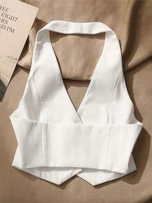 Women's Solid Color Minimalist Daily Button Halter Camisole Casual White Summer - White - View 3