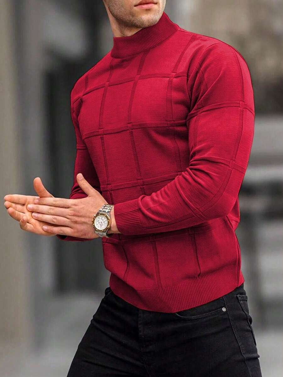 Men's Plaid Jacquard Turtleneck Fashionable Sweater - 紅色 - 查看 1