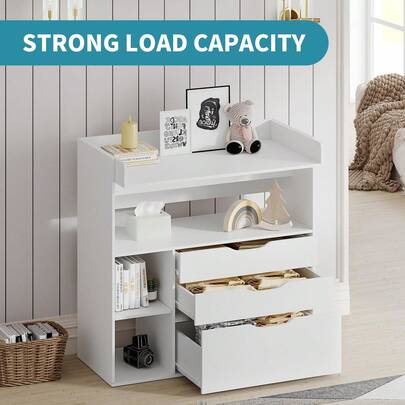 Baby Changing Table Dresser, With 3 Drawers And 3 Storage Shelves, Can Be Used As A Baby Dresser With Changing Table Top, A Baby Changing Station, A Wood Diaper Changing Station
