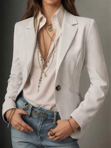 Women's Spring Blazer, Solid Color Elegant V-Neck Button Slim Fit Jacket, Casual Long Sleeve Single Button Small Suit, Suitable For Back To School Season And Daily Work - Apricot - View 1