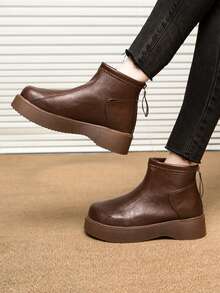 女士真皮靴，厚底粗跟，保暖内里，百搭经典黑色踝靴，适合户外、通勤、办公等多种场合，复古风格，毛绒内里，冬季必备单品 - 棕色 - 查看 2