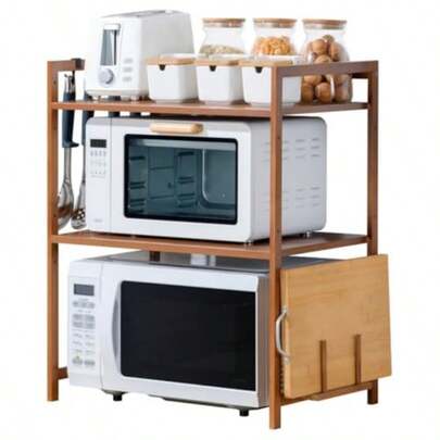 Microwave Shelf Microwave Stand 3 Tier Bamboo Microwave Oven Rack With Board Rack Kitchen Shelf Organiser With Adjustable Height And 4 Hooks