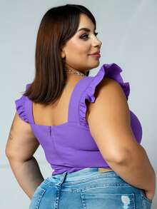 Women's Summer Plus Size Cropped Blouse With Ruffled Sleeves, Button Detail, Back Zipper, Curve Look, Sizes 44 To 54 - Lila Púrpura - Ver 3