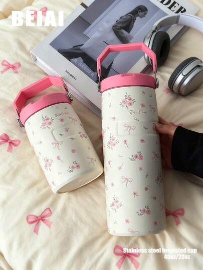 1pc Pink Floral Bow Stainless Steel Insulated Tumbler, Vacuum Insulated Water Bottle, Large Capacity, Suitable For Travel, Home, Gym, Outdoor, School, Office, Birthday Gift, Back To School Gift, Holiday Gift