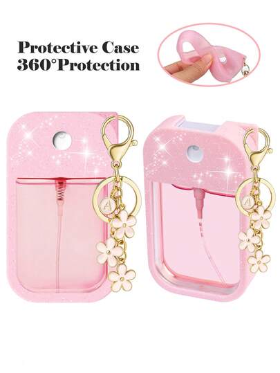 2个30毫升免洗洗手液喷雾瓶保护套，26张花卉字母喷雾瓶标签，硅胶防摔防撞保护套带钥匙扣，方便旅行携带，可挂在包包、钥匙或儿童背包上，耐磨防水，可重复使用，适用于免洗洗手液喷雾，适合旅行、户外活动、送礼、万圣节礼物、圣诞节礼物。