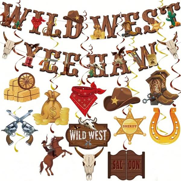 12/16pcs Western Cowboy Themed Banners, Hanging Swirls, And Wild West Banners For Birthday, Shower, Wedding, Or General Parties - Paper Material, Multi-Purpose, And No Electricity Required