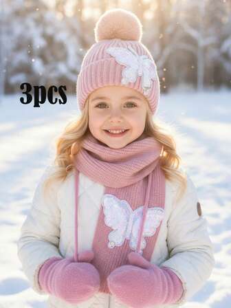 3 st/set flickor med paljettmönster, mössa, halsduk och handskar, varma vinteraccessoarer för barn, retrosnyggt, vitt termofodrat tjockt set