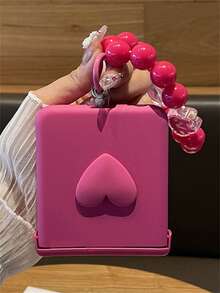 Pink Y2K Stylish Heart Solid Color Folding Phone Case With 3D Cartoon Rabbit Flower Bead Chain Compatible With Samsung Galaxy Z Flip7 Flip6 Flip5 Flip4 3 Korean Cute Matte PC Hard Back Cover - Hot Pink - View 6