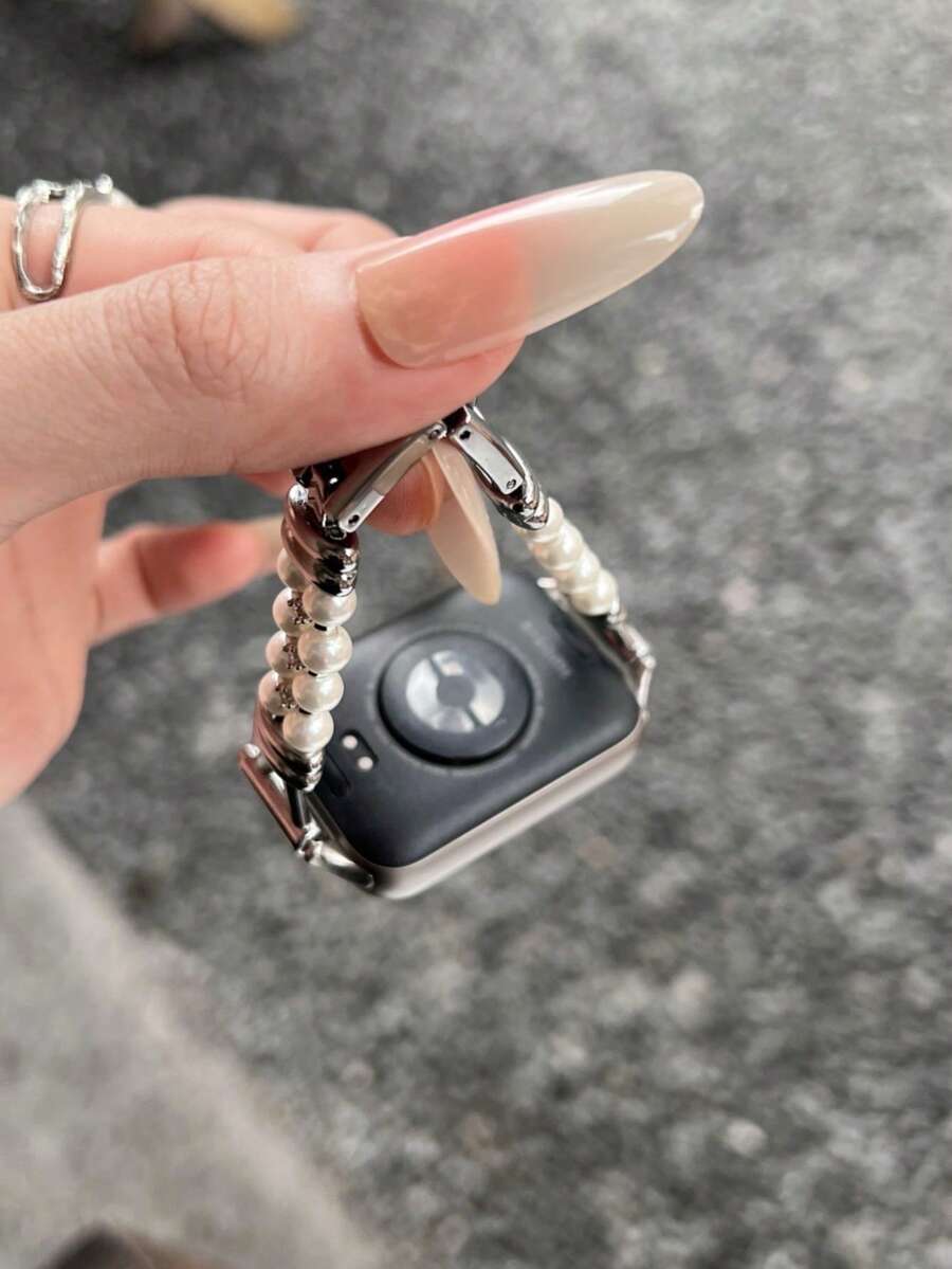 1 pieza de estilo de vacaciones de verano para mujer, estilo de fragancia pequeña con diamantes incrustados y correa de perlas, adecuado para Band 8 Pro/9 Pro, para Mi Band 3/4/5/6/7, 8/8 NFC/9/9 NFC/10/10 NFC, para Watch4/Watch5/Watch6 - Plateado - Ver 1