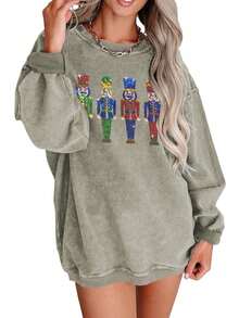 Women's Spring Autumn Loose Sweatshirt Long Sleeve Round Neck Sequins Cartoon Character Pullover - Grey - View 1