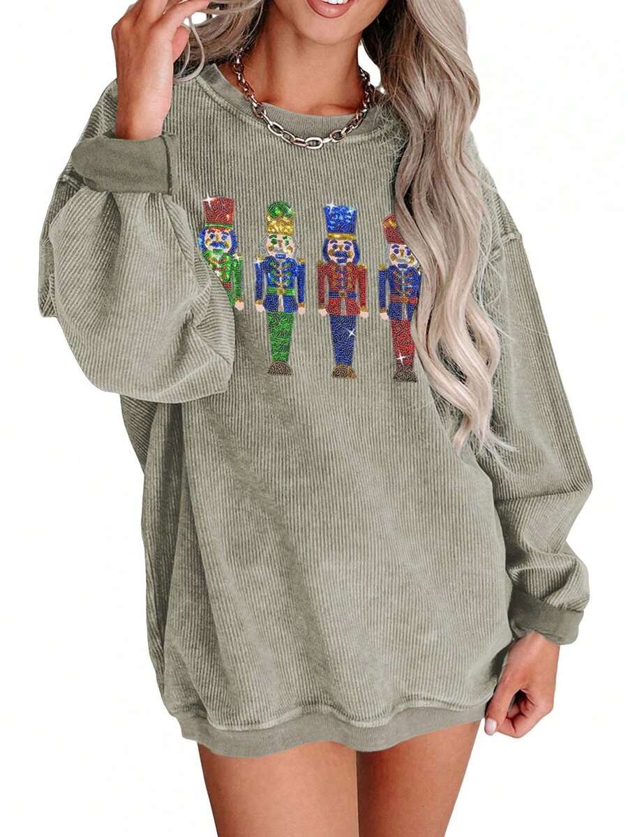 Women's Spring Autumn Loose Sweatshirt Long Sleeve Round Neck Sequins Cartoon Character Pullover - Grey - View 1