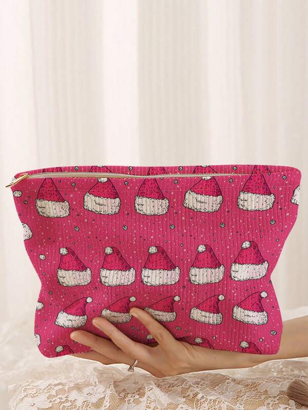 Random White Background Double-Sided Printed Corduroy Makeup Bag, Lightweight Zipper Storage Bag, Cosmetics Storage Bag, Multi-Functional Toilet Bag With Lining, New Makeup Bag, Perfect For Shopping, Dating, Vacation, Travel, Holidays, Parties Or As A Gift Back To School ,School Supplies,Shop Back To School