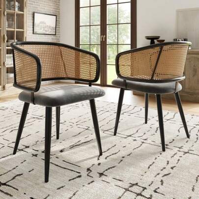 2 Dining Chairs, Dining Chairs With Rattan Backrest, Velvet Seat Cushions, Comfortable And Breathable, Modern And Simple Style, Suitable For Restaurants, Living Rooms And Cafes