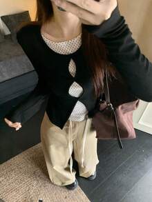 Elegant 2 In 1 Hollow Out Long Sleeve T-Shirt For Women, Minimalist French Polka Dot Versatile Slim Fit Top, Spring/Autumn Black - Black - View 3