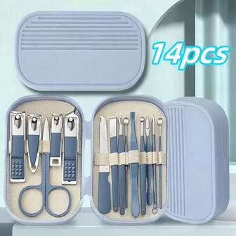 14pcs Stainless Steel Nail Care Kit With Modern Concave Nail Clipper & Toe & Nail Tools - Portable Case, 30° Blade Angle, 2-5mm Jaw Opening Size, Classic Style For Women/Men, Nail Care Kit, Manicure Pedicure Kit, Sleek Design, Durable Construction