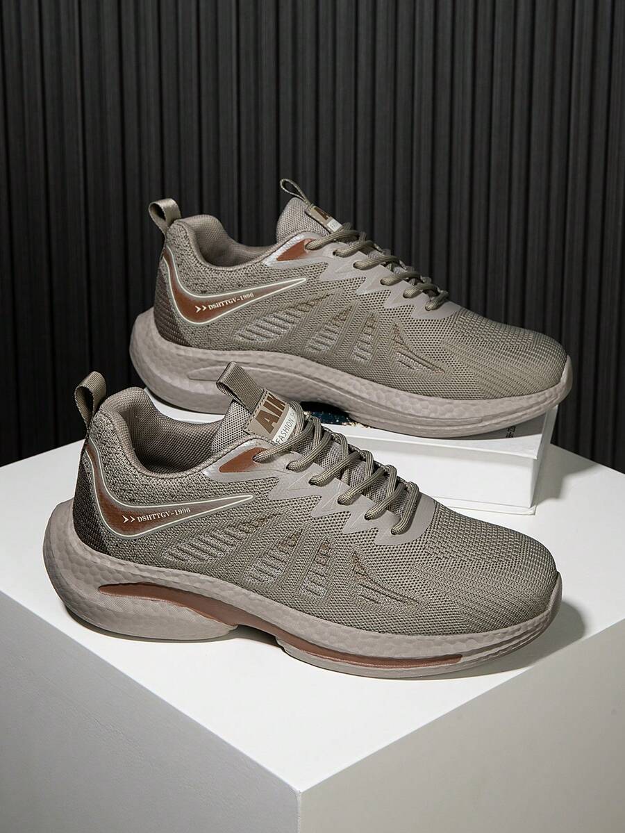 Zapatillas deportivas informales para hombre (2025), de caña baja, con cordones delanteros, de malla y suela gruesa, cómodas, con diseño de bloques de color y amortiguación, para caminar al aire libre, para desplazamientos diarios. - Marrón claro - Ver 1