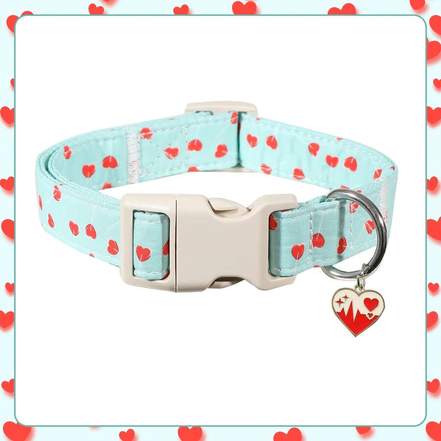 Collar para perro del Día de San Valentín | Hebilla de de liberación rápida | Fibra de poliéster suave | Se adapta a perros pequeños y grandes | Patrón de fósforos con forma de corazón | Ideal para bodas y cumpleaños, accesorios para mascotas | Ropa romántica para mascotas | Hebilla de plástico beige - Celeste - Ver 1