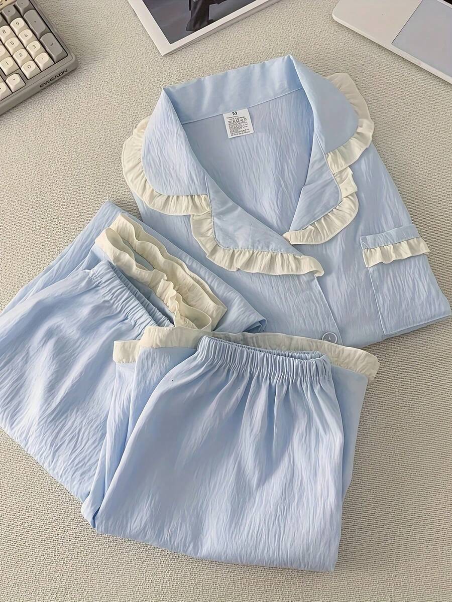 2025 New Women'S 3pcs Pajama Set - Cute Cartoon Sweet Style, Short Sleeve, Long Pants & Shorts, Casual Button-Up Homewear, Polyester Blend, Perfect For Adult, Adult Homewear | Playful Design | Polyester Blend - 天藍色 - 查看 1
