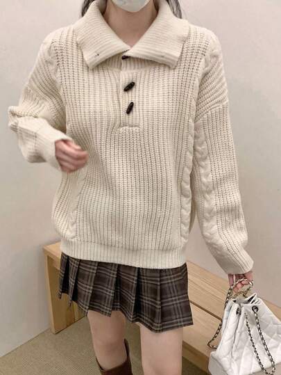 Cable Knit Pullover Sweater, High Neck, Casual, Korean Style For Women