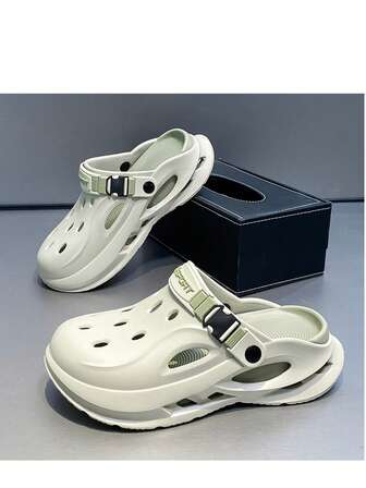 男士新款夏季户外纯色休闲EVA（乙烯-醋酸乙烯酯共聚物）镂空情侣沙滩凉鞋，厚底多功能花园鞋，适合居家、户外、四季穿着