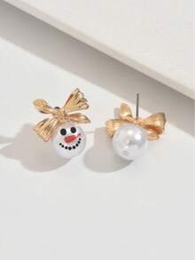1 Pair Golden Bow Exquisite Snowman Dangle Earrings - Faux Pearl, Rhinestone Snowflakes, Tassel Accents, Christmas Style, Xmas Holiday Gift, Ear Jewelry With Dangle Design, Festive Holiday Accessories - Multicolor - View 3