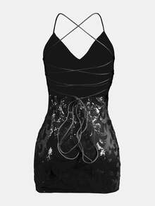 Váy ngắn dự tiệc sequin đen gợi cảm không tay cổ chữ V sâu hở lưng viền bút chì, váy cocktail dự tiệc, váy ngắn cổ chữ V hở hông sequin có dây đeo cho nữ, thanh lịch, sang trọng, xa xỉ, váy dự tiệc thanh lịch, váy Giáng sinh, váy mùa thu, váy mùa đông cho nữ, váy dạ hội, váy lấp lánh - màu đen - Xem 3