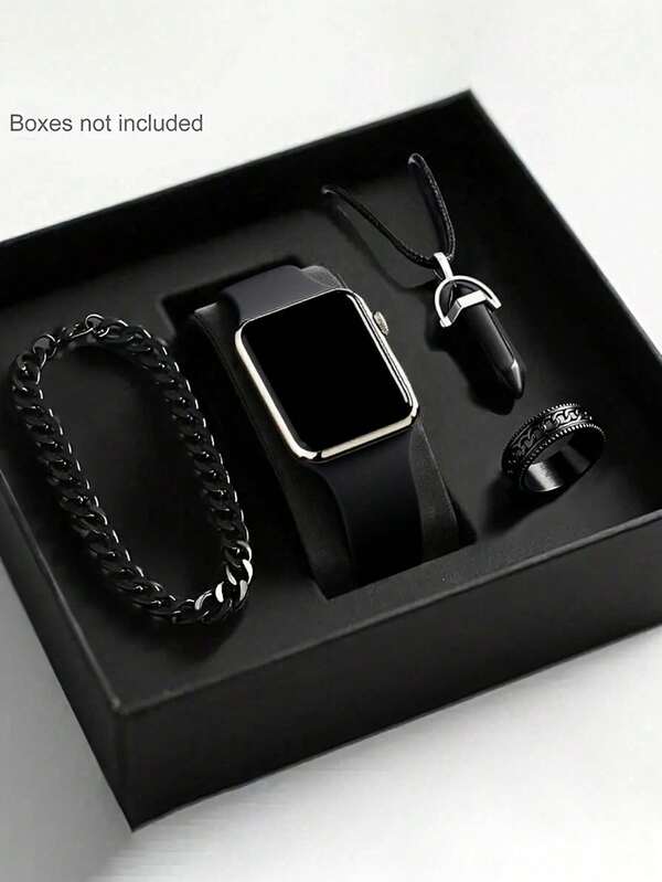 4/1 Stück Modische und einfache LED Digital Anzeige Quadratische Elektronische Uhr für Jungen, ausgestattet mit modischen Armbändern, Halsketten, Ringen und Sets, geeignet für Studenten, sehr passend für den täglichen Gebrauch wie Schule, Veranstaltungen und Reisen. Geburtstagsgeschenke, Abschlusszeit, Weihnachten, perfekte Geschenke für Jungen