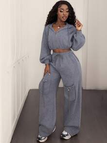 2pcs/1set Women Casual Solid Color Oversize Plain Cropped Hoodie And Sweatpants Set, Autumn/Winter Fall Cloth For Women,Gray Two Pieces Set,Women Comfortable Two Pieces Set - Grey - View 4