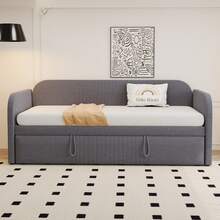 Upholstered Bed, Pull-Out Sofa Bed 90/180*190 Cm, Vertical Stripes, With Slatted Base, Multifunctional Bed, Comfortable And Breathable Linen Fabric, Gray (Mattress Not Included) - Grey - View 6