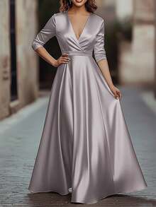 Vuslat 女士春季优雅银色缎面 V 领七分袖长款连衣裙 - 系腰带飘逸正式晚礼服，适合伴娘、婚礼、派对、正式场合，时尚法式别致奢华丝滑缎面轻盈连衣裙，适合宴会、派对、通勤、情人节等场合。 - 淺灰紫 - 查看 1
