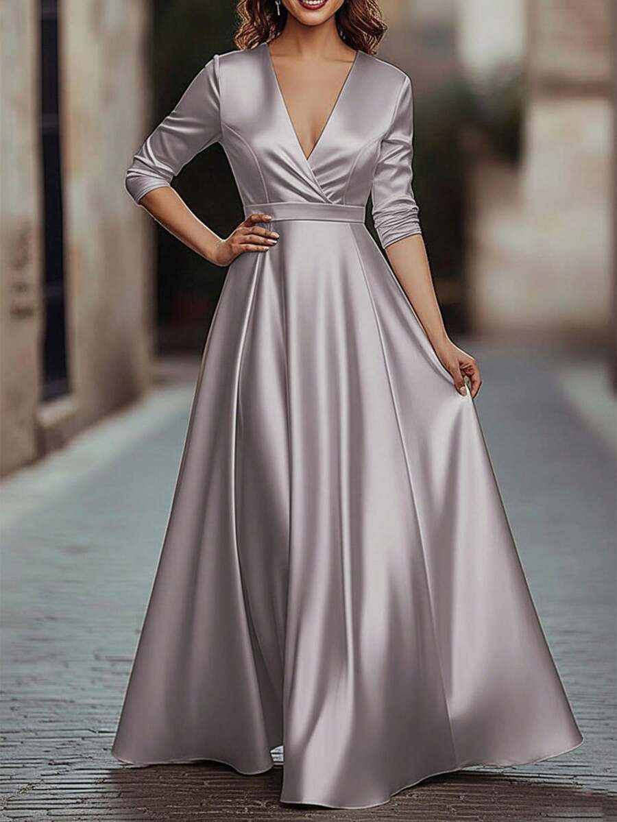 Vuslat 女士春季优雅银色缎面 V 领七分袖长款连衣裙 - 系腰带飘逸正式晚礼服，适合伴娘、婚礼、派对、正式场合，时尚法式别致奢华丝滑缎面轻盈连衣裙，适合宴会、派对、通勤、情人节等场合。 - 淺灰紫 - 查看 1